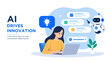 © StudioPixel2 - AI technology vector illustration showing a woman using a laptop to explore work ideas, assisted by an AI robot pointing to digital icons, data, and productivity information. flat design