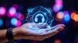 © wiparat - Close up of a hand holding a glowing holographic customer support interface with headset and IT service icons.