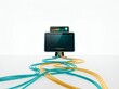 © El Zahra  - Digital interface display screen connected to multiple colorful data cables representing high speed network connectivity and information flow systems