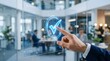 © rossa - Businessman touching digital checkmark on transparent interface in office