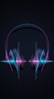 © chaiwat - Sleek modern headphones featuring vibrant neon blue and pink glowing outlines with a dynamic digital sound wave on a dark black background, studio, entertainment, digital