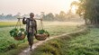 © Maharani  - South Asian farmer carrying fresh vegetables (Brassica oleracea, Daucus carota) in bamboo baskets along a misty rural agricultural path at sunrise.