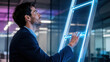 © Preeyanuch - Neon ladder achievement inspires ambitious business leader reaching upward through modern office with focused determination and hope