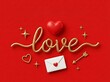 ©  AH Creation - Golden love lettering with heart shape and envelope on a vibrant red background for valentines day