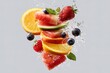 © Asfatfahim - Fresh sliced fruits and berries splashing with clear water for healthy food advertising design.