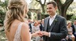 © Максим Новосветлов - Groom placing wedding ring on bride finger during outdoor ceremony with guests watching in background.