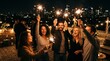 © Felippe Lopes - Friends celebrating on rooftop at night with sparklers and city skyline background PNG Isolated on transparent background