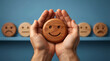 © MOMA888 - Person cupped hands holding wooden smiley face mood feedback rating concept
