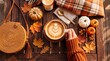 © Asghar - A person holding a warm latte on a wooden table decorated with pumpkins with surrounded autumn decorations person knitted sweater
