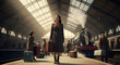 © wirda - Elegant woman wearing vintage coat carries leather suitcase while standing inside historic bustling train station terminal