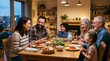 © Ednardo - Family Dinner Joy: A multigenerational family shares a warm and laughter-filled meal around a wooden dining table, enjoying each other's company and a delicious spread of food.