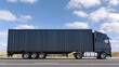 © The Little Hut - Modern dark blue semi-truck with shipping container driving on a highway under a blue sky with clouds