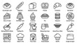 © Muhammad - Bakery and Baking solid icon set containing icons for Sourdough Loaf, Baguette, Pretzel, Croissant, Slice of Cake, Cupcake, Stand Mixer, Rolling Pin, Flour Sack, and Oven for food industry