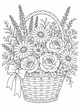 © Oksana - Floral basket coloring page with daisies, lavender, roses, wild greenery, and soft cottage garden charm