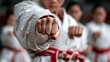 © COK House - A close up of a martial artist's fist punching forward while others in white uniforms with red belts practice in the blurred.