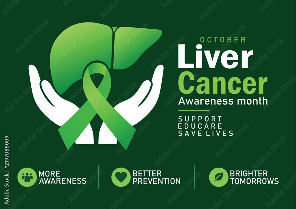Liver cancer awareness month October green ribbon healthcare awareness ...