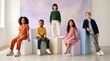 © Creative man - high-end creative children's fashion studio photograph of five diverse children aged 7–12 positioned on minimalist geometric cubes at different heights, wearing modern colorful outfits