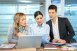 © Bojan - Business executives reviewing financial reports and corporate strategy together on computer screen in boardroom.