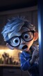 © chusnul - A startled boy with glasses peers from behind a fridge, illuminated by soft kitchen light