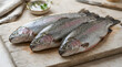 © Graphilhouette - Three raw fresh trout fish on a wooden kitchen board illustration