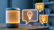 © Nataliya - Smart speaker emitting subtle digital waves toward glowing notification and idea icons, connected devices, digital communication, smart office, information alerts, emerging