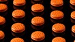 © fivan - A playful black and orange Halloween background featuring orange macarons arranged in a precise geometric pattern on a black acrylic surface, tiny reflections beneath each piece