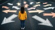 © Pete - Young woman faces many road arrows showing different directions. She ponders her future life path choices and decisions. A visual metaphor for confusion and opportunity.