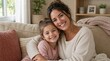 © MDAfsunHabib - Millennial single mother and young daughter cuddling together on cozy beige knit couch, warm loving moment, two-generation family bond, bright sunlit living room interior with plants