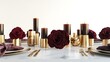 © Zaryab - Elegant table setting with dark red roses and gold candle holders for a romantic dinner celebration