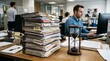 © MstMoyna - Large stack of paper files and an hourglass on an office desk with a busy employee working in the background