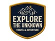 © MD Nafiz Munna - Vintage embroidered travel patch with mountains and sun, explore the unknown adventure badge, navy blue and gold shield emblem