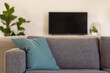 © Wavebreak Media - Mid-gray fabric sofa is sitting centered in living room, with teal-blue pillow and blurred TV