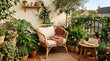 © VIRGHIANTI - A serene and lush balcony garden with a comfortable rattan chair, numerous potted plants, and a small wooden side table, creating a peaceful outdoor oasis.