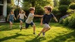 © Galina Petrova - Description: Young children running and playing together on a sunny lawn, capturing friendship, active recreation, childhood fun, family leisure and outdoor social interaction.