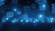 © Generative AI - Blue glowing wireframe cubes suspended in digital network