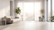 © CuteBee - Bright and airy modern living room interior with blurred focus showing comfortable sofa and large windows with soft natural sunlight creating peaceful and relaxing home atmosphere