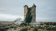 © Synthetic Aesthetics - A weathered stone tower ruin stands in a misty moorland landscape with a single black crow perched on under a gloomy overcast grey sky