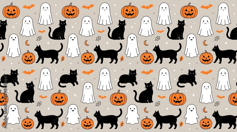 Halloween seamless pattern with cute ghosts, black cats and jack o ...