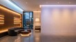 © phy - A modern, minimalist lobby with a sleek, white wall and wooden paneling, featuring a large, glass window that offers a view of the city skyline.