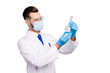 © deagreez - Close-up profile side portrait of his he nice attractive focused skilled experienced doc scientist making analysis lab center holding bulb in hands isolated on light white gray pastel color background