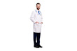 © deagreez - Full length body size view of his he nice attractive cheerful cheery doc expert first aid new innovative assistance center holding hands in pockets isolated on light white gray pastel color background
