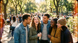 © Alina - Group of friends talking laughing while hiking in autumn forest