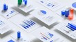 © MAGNIFIER - Statistical analysis concept, geometric data charts arranged on floating documents, subtle shadows, modern 3D illustration.