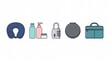 © MstNasima - A collection of essential travel accessories including a neck pillow water bottles a camera bag and a laptop briefcase isolated