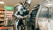 © RANICOLLECTION369 - A medieval knight in full shiny armor trying to navigate a self-checkout lane at a grocery store, looking baffled by the 'Unexpected item in bagging area' prompt.