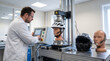 © primipil - Scientist testing bicycle helmet impact resistance with headform mannequin in laboratory. Concept of safety testing, crash test, quality control, protective gear.