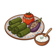 © Agus - Traditional Armenian Tolma Vector Illustration Stuffed Grape Leaves Tomato Eggplant Yogurt Sauce
