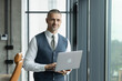 © be free - Remote online working. Businessman using laptop in business office. Freelancer working online. Man CEO negotiating online. Businessman in suit with laptop in office. Ambitious entrepreneur