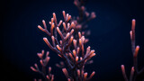 Close up of a vibrant red coral branch underwater with soft glowing tips against a dark deep blue ocean background, marine life