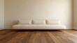 © Irina - Modern living room with a wooden floor and a white wall. in the center of the room, there is a beige sofa with three white cushions on it.